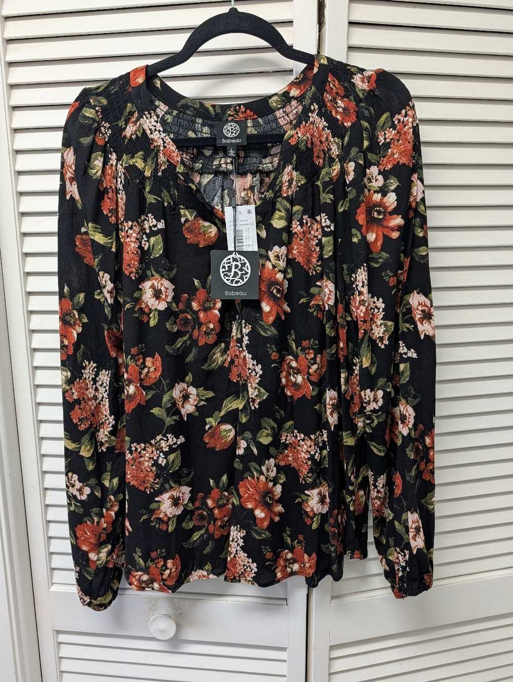 bobeau Black Floral Long-Sleeve Peasant Blouse with Rust and Green Accents